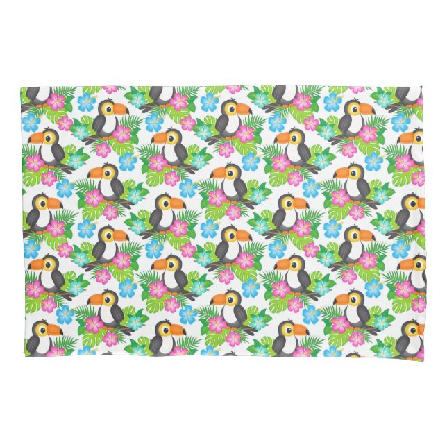Tropical Toucan Floral Colourful Summer Pattern Pillowcase (Front)