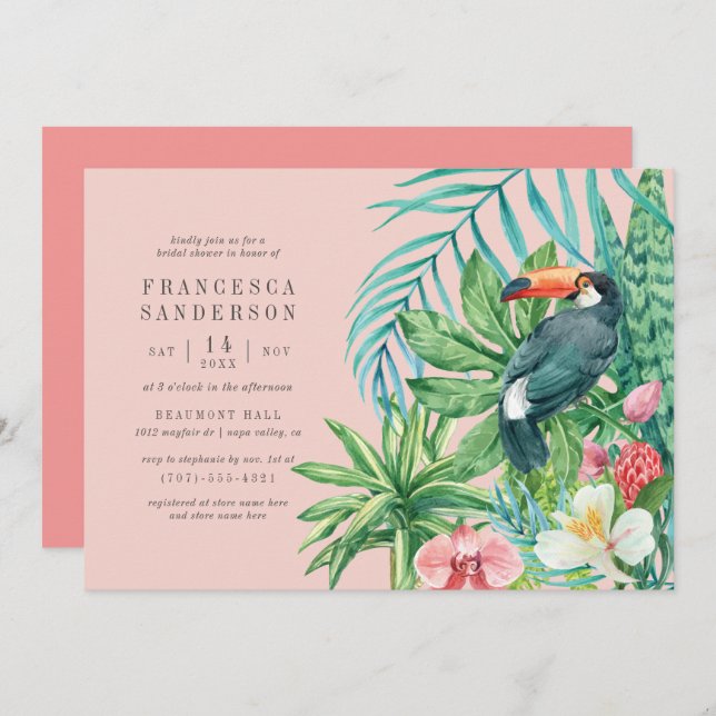 Tropical Toucan & Flowers Blush Pink Bridal Shower Invitation (Front/Back)