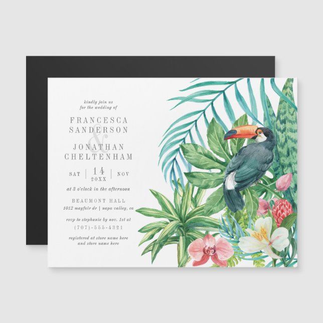Tropical Toucan & Flowers | Elegant Summer Wedding Magnetic Invitation (Front/Back)
