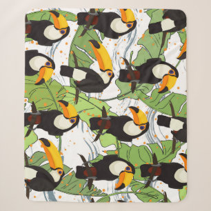 Tropical Toucan, green palms, vintage pattern. Sherpa Blanket