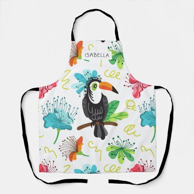 Tropical Toucan Modern Floral Personalised Name Apron (Front)