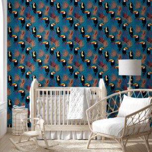 Tropical Toucan & Palm Leaf Pattern on Blue  Wallpaper