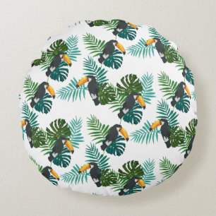 Tropical Toucan & Palm Leaves Pattern Round Cushion