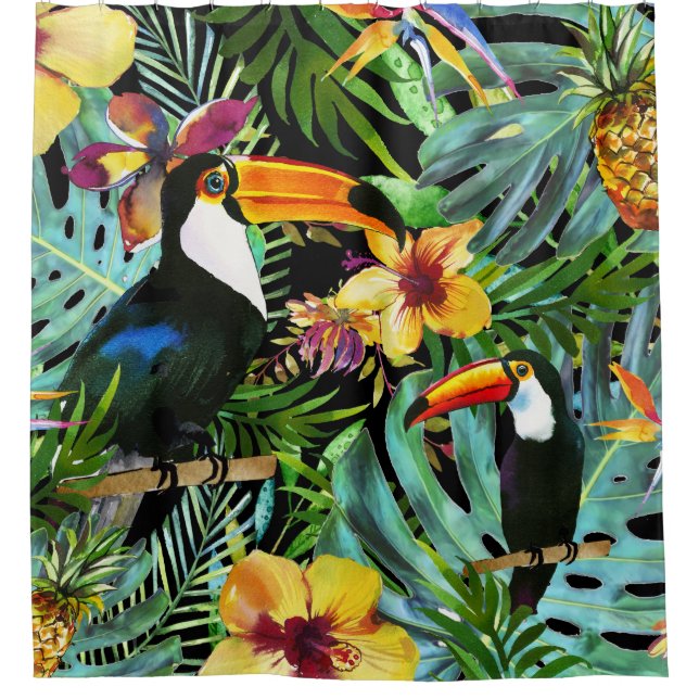 Tropical Toucan Paradise Palm Pineapple Modern Shower Curtain (Front)