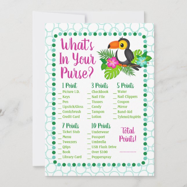 Tropical Toucan What's In Your Purse Shower Game (Front)
