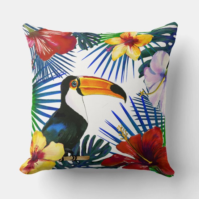 Tropical Toucan Yellow Red Hibiscus Floral Beach Cushion (Front)