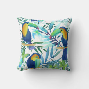 Tropical Toucans: Exotic Flower Pattern. Cushion