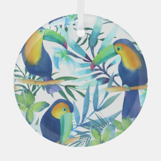 Tropical Toucans: Exotic Flower Pattern. Glass Tree Decoration