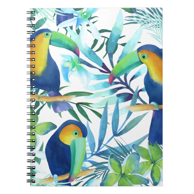 Tropical Toucans: Exotic Flower Pattern. Notebook (Front)