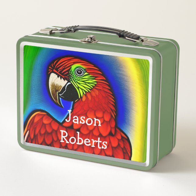 Tropical Treasure: Abstract Vibrant Parrot Artwork Metal Lunch Box (Front)