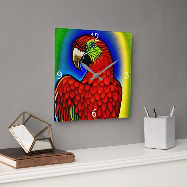 Tropical Treasure: Abstract Vibrant Parrot Artwork Square Wall Clock (Office)