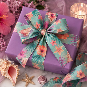 Tropical Treasure Garden Hibiscus, Palm Leaves Satin Ribbon