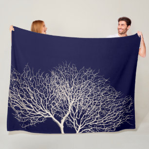Tropical Tree Coral White Navy Blue Beach Fleece Blanket