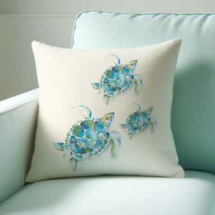 Tropical Turquoise Blue Sea Turtle Watercolor Cushion