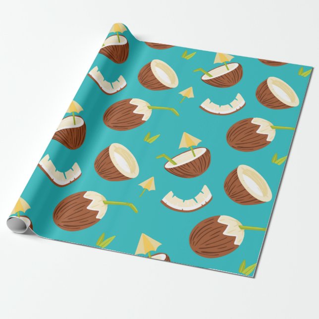 Tropical Turquoise Coconut Pattern Cute Summer Wrapping Paper (Unrolled)