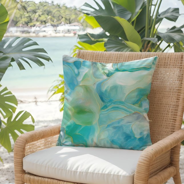 Tropical Turquoise Gemstone Watercolor Coastal Cushion (Creator Uploaded)