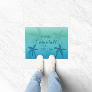 Tropical Turquoise Palm Trees With Family Name Doormat