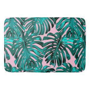 Tropical Turquoise Pink Monstera Jungle Leaves Bath Mat