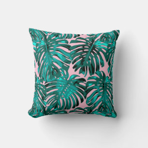 Tropical Turquoise Pink Monstera Jungle Leaves Cushion