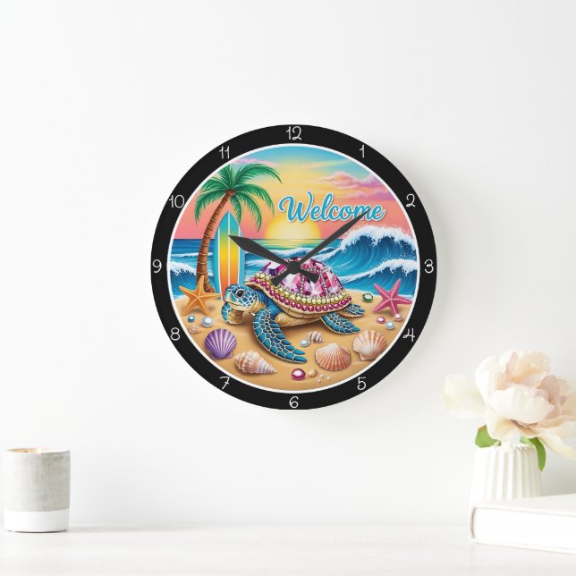 Tropical Turtle Beach Scene Timepiece Large Clock (Home)