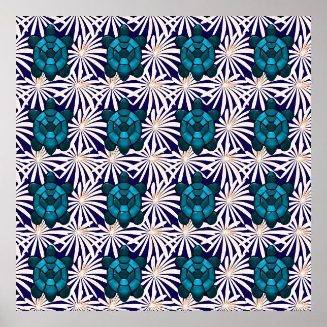 Tropical Turtle Floral Pattern Seamless Sea Turtle Poster (Front)