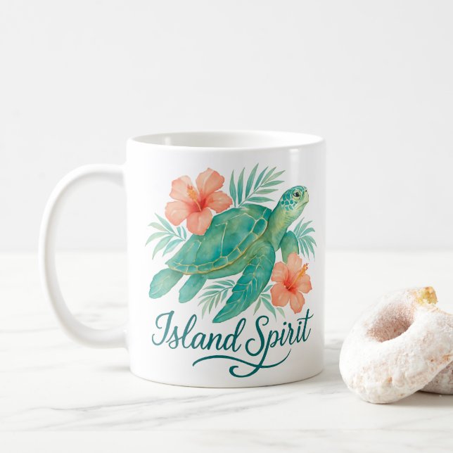 Tropical Turtle with Hibiscus and Foliage Coffee Mug (With Donut)