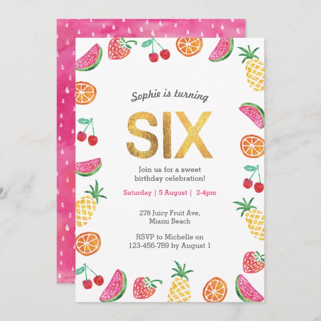 Tropical Tutti Fruitt Gold 6th Birthday Invitation (Front/Back)