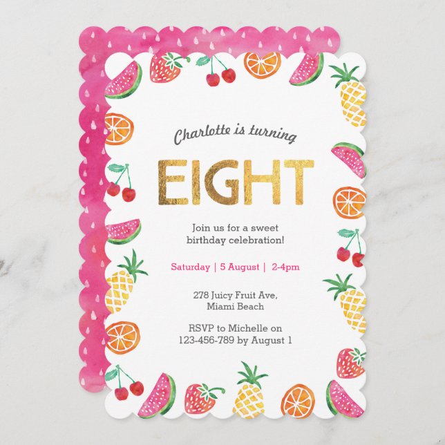 Tropical Tutti Fruitt Gold 8th Birthday Invitation (Front/Back)