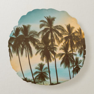 Tropical Twilight: Coconut Palm Silhouette Round Cushion