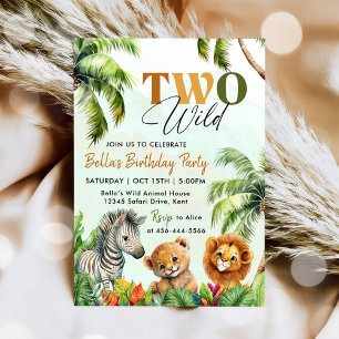 Tropical Two Wild Jungle Safari Animals Birthday Invitation