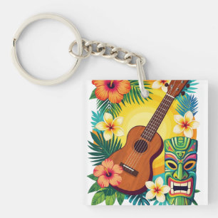Tropical Ukulele Tiki Luau Party Vibes T-Shirt Key Ring