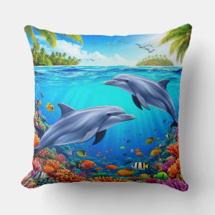 Tropical Underwater Scene Featuring Dolphins Cushion