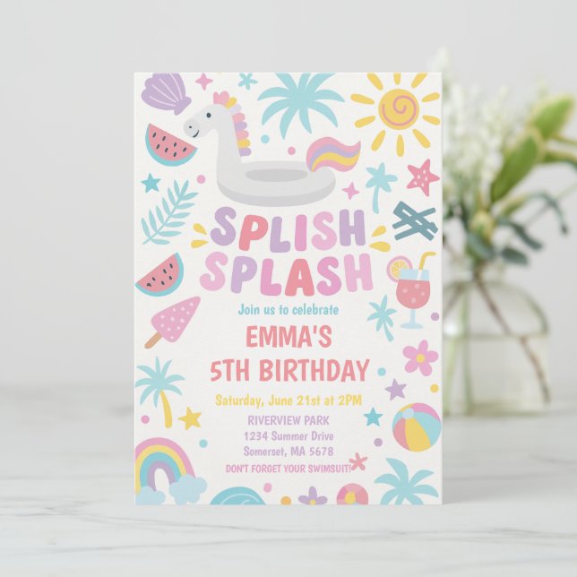 Tropical Unicorn Splish Splash Birthday Party Invitation (Standing Front)