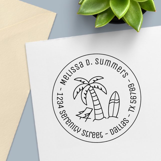 Tropical Vacation Palm Surfboard Round Address Self-inking Stamp (Creator Uploaded)
