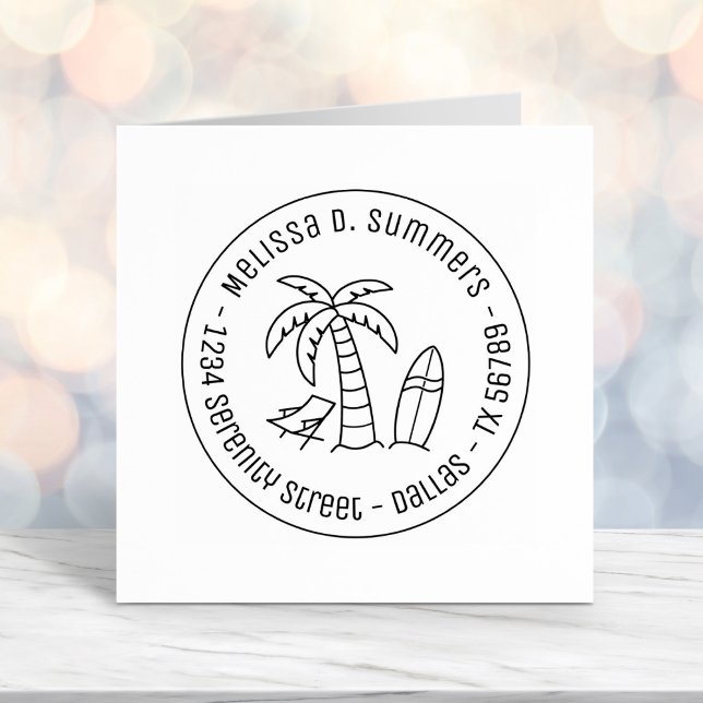 Tropical Vacation Palm Surfboard Round Address Self-inking Stamp (Creator Uploaded)
