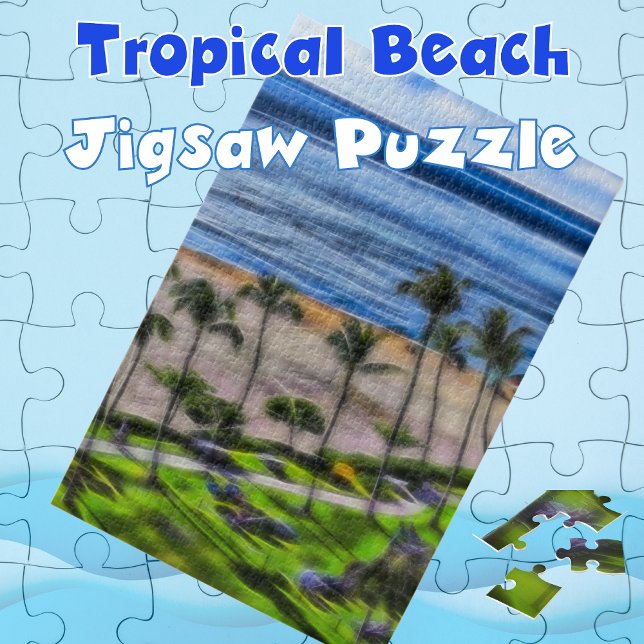 Tropical Vacation Palm Trees Ocean View Jigsaw Puzzle (Tropical Beach Palm Trees Jigsaw Puzzle)