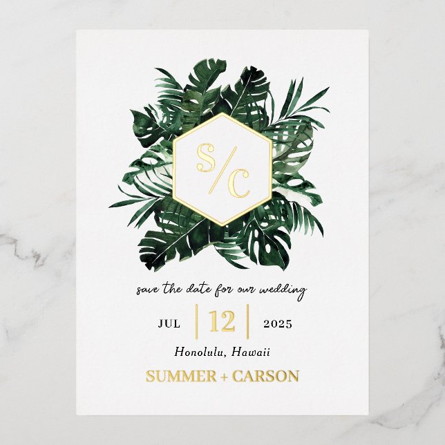 Tropical Vibe FOIL Wedding Save The Date Postcard (Front)