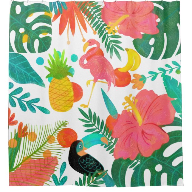 Tropical Vibes Floral Leaves Summer Chic Shower Curtain (Front)