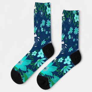 Tropical Vibes Girlie Floral Turquoise Navy Socks