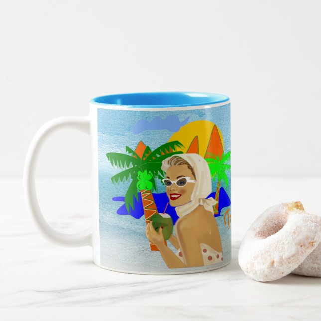 Tropical Vibes Lady  Two-Tone Coffee Mug (With Donut)