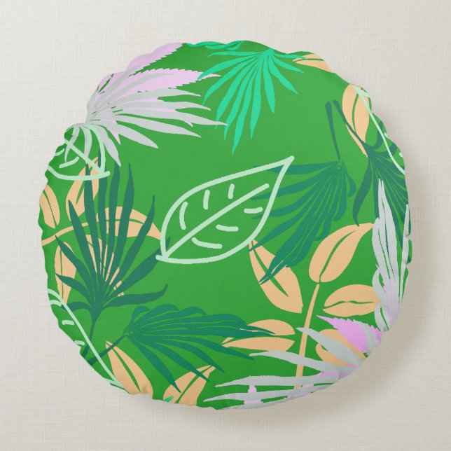 Tropical Vibes Leaves Plants Round Cushion (Front)