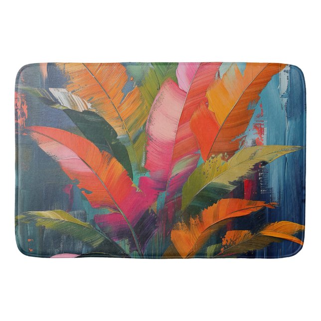 Tropical Vibrance – Abstract Colourful Leaves Bath Mat (Front)