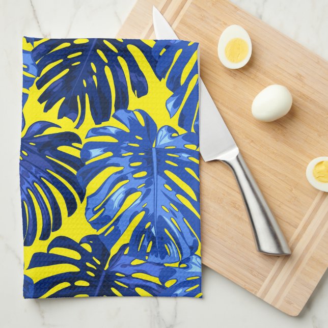 Tropical Vibrant Blue Yellow Island Leaves Tea Towel (Quarter Fold)