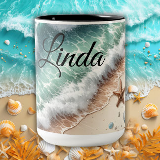 Tropical Vibrant Sand Beach Personalised Name Two-Tone Coffee Mug