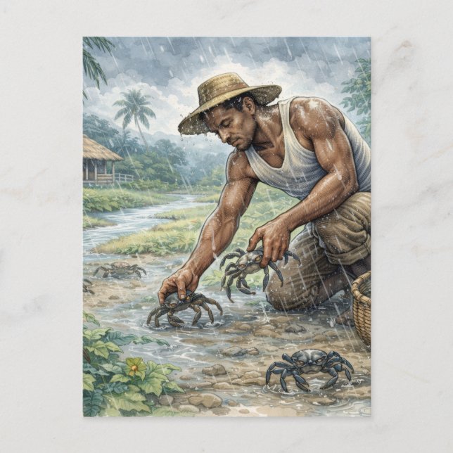 Tropical Village Life: Man Catching Crabs in Rain Postcard (Front)