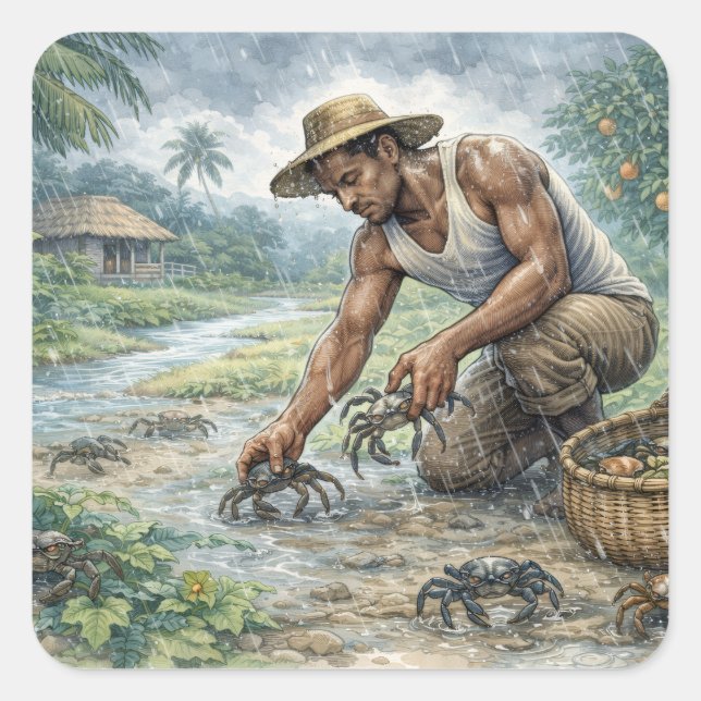 Tropical Village Life: Man Catching Crabs in Rain Square Sticker (Front)