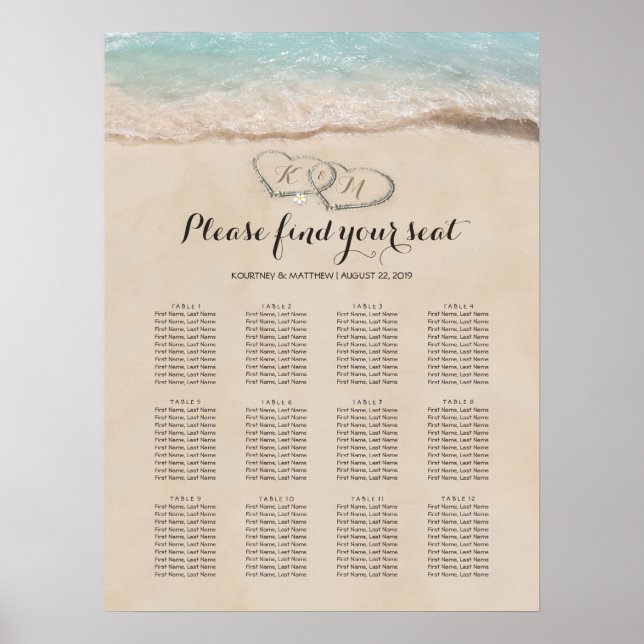 Tropical Vintage Beach Heart Wedding Seating Chart (Front)