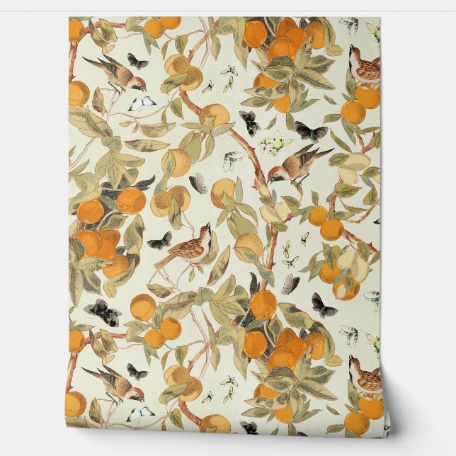 Tropical Vintage Birds In Fruit Garden Chinoiserie Wallpaper (Unrolling)