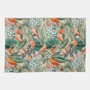 Tropical Vintage Birds in Jungle Paradise sepia Tea Towel