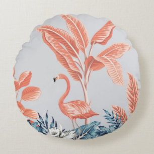 Tropical vintage botanical landscape, pink palm tr round cushion